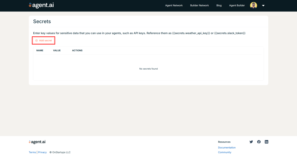 Clicking the “Add Secret” button