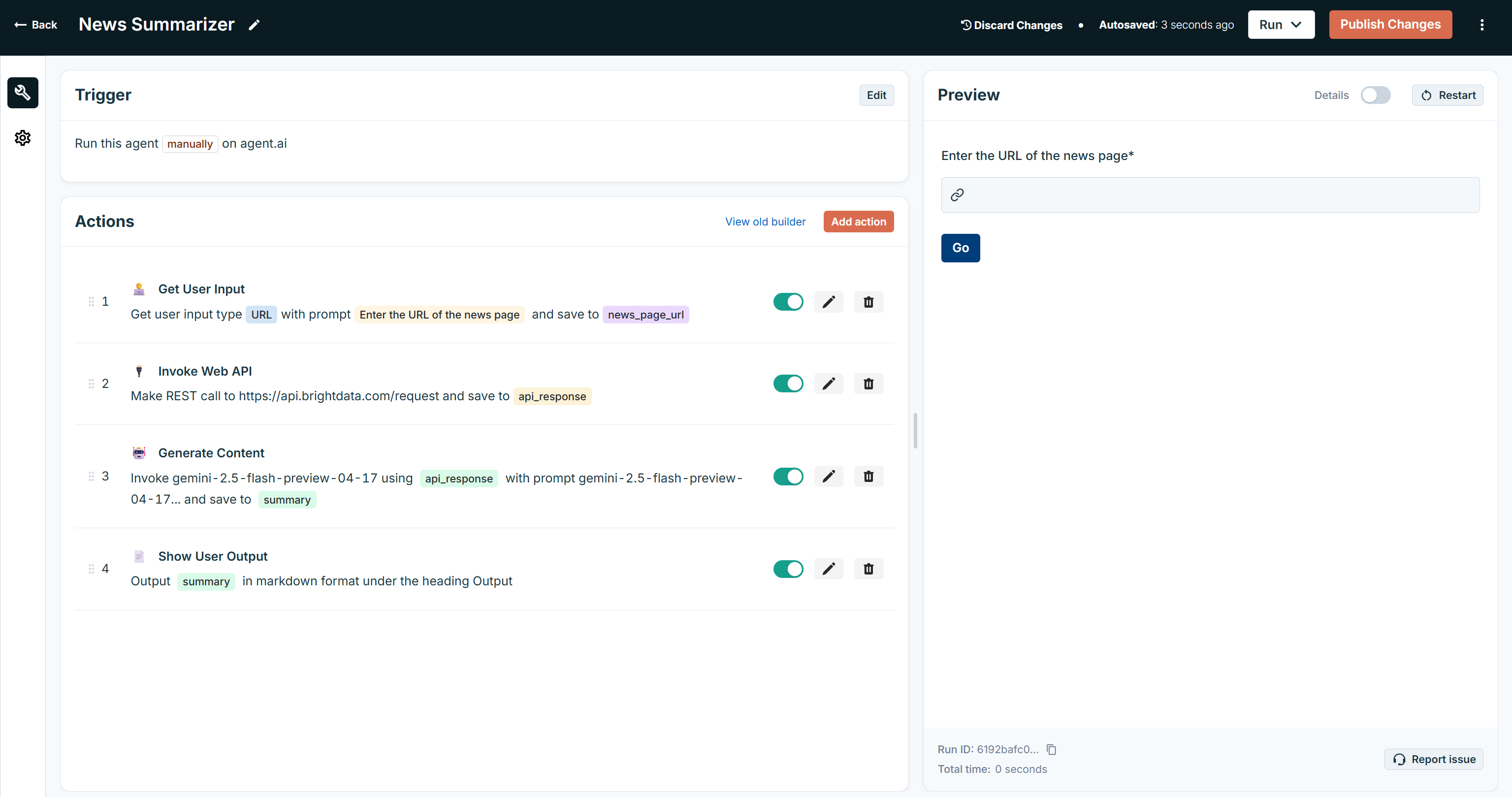 The News Summarization agent in Agent.ai’s Agent Builder
