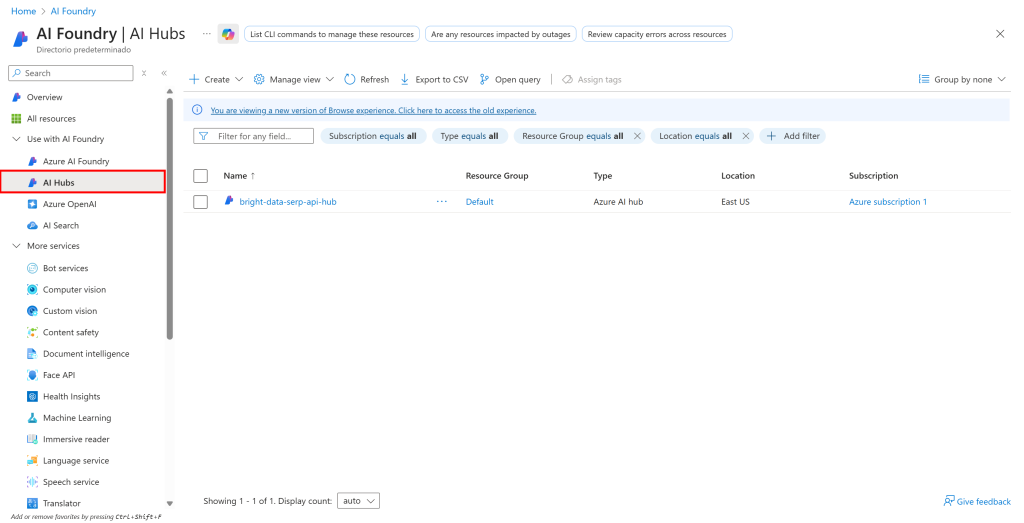 Selecting the “AI Hubs” option in the left menu