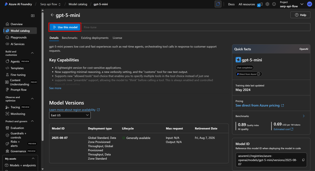 Pressing the “Use this model” button
