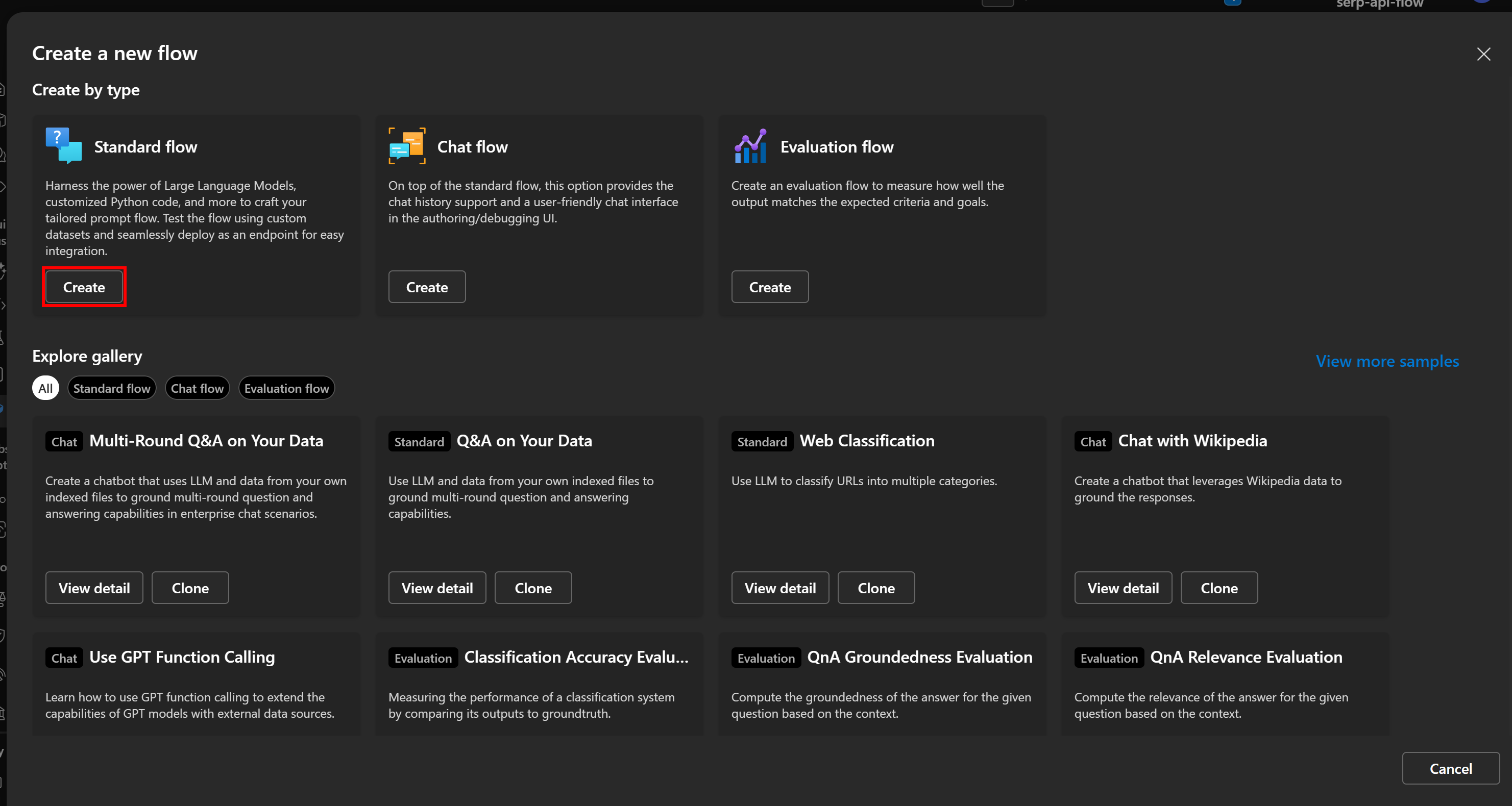 Clicking the “Standard flow > Create” button