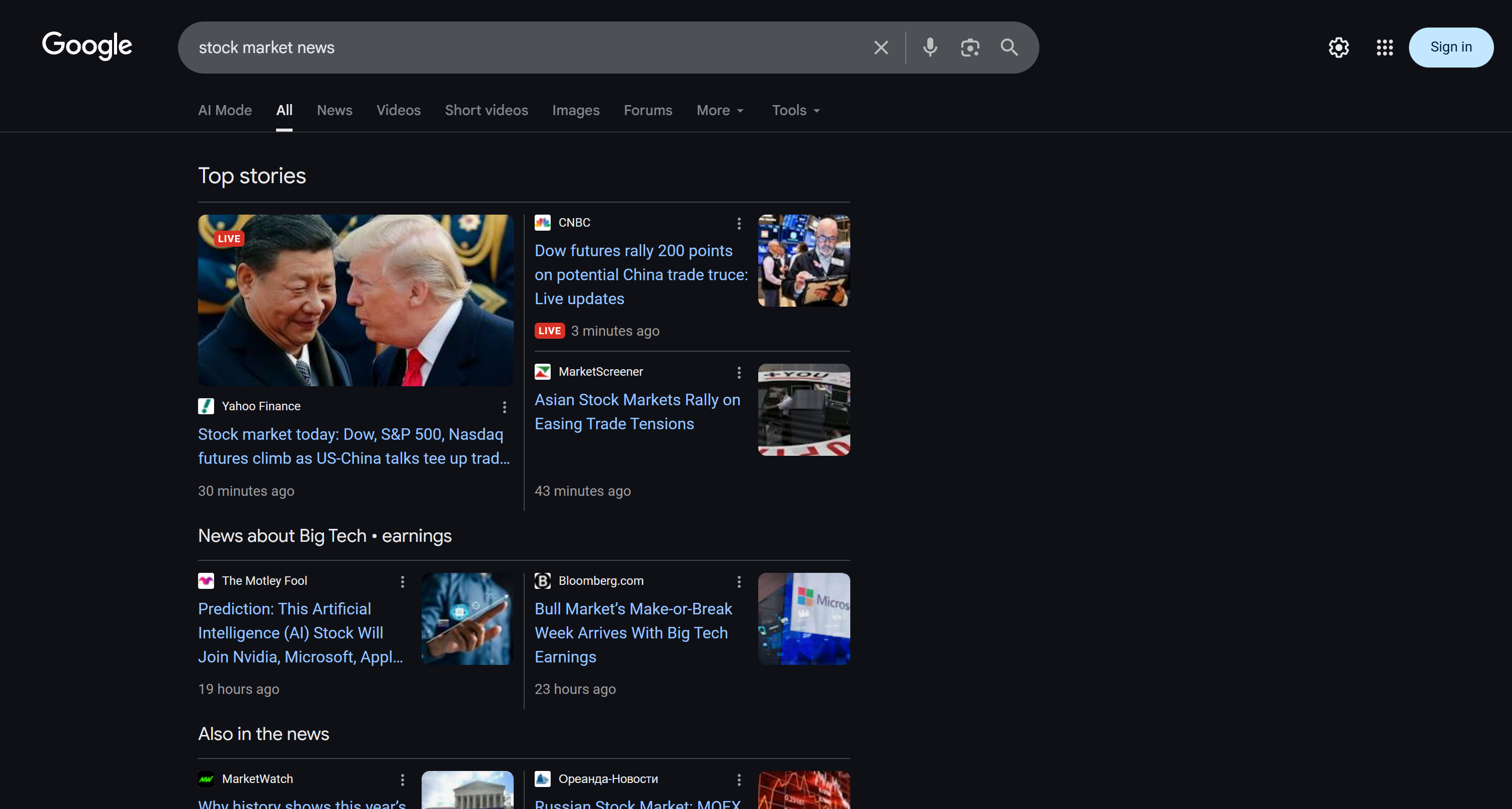 The SERP for “stock market news” on the day of the flow run