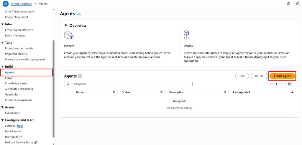 Pressing the “Create agent” button