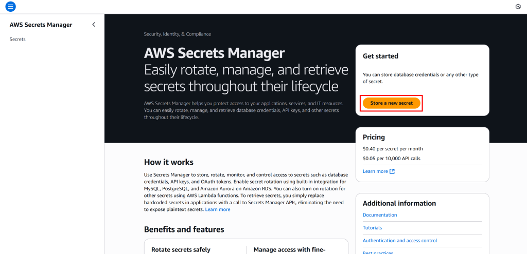 Pressing the “Store a new secret” button