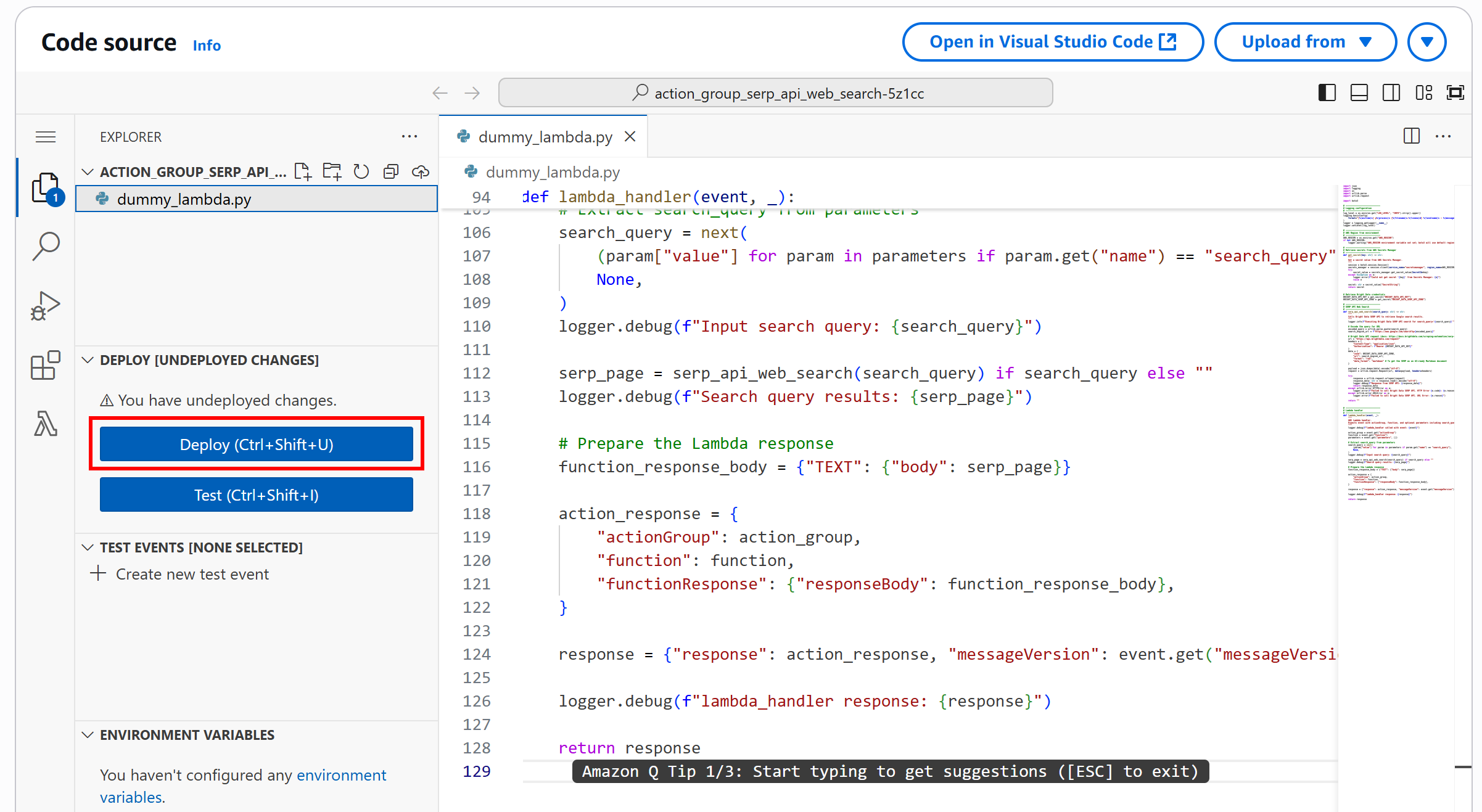 Clicking the “Deploy” button to update the Lambda code