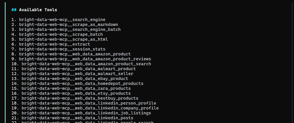 The list of tools from the Web MCP local server
