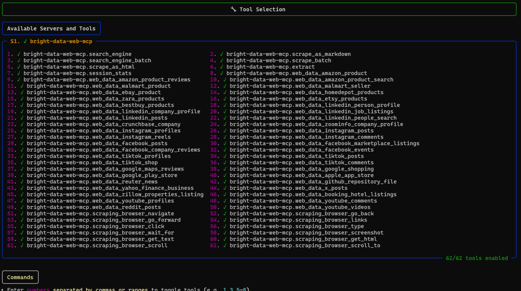 The Web MCP tools listed after the “tools” command
