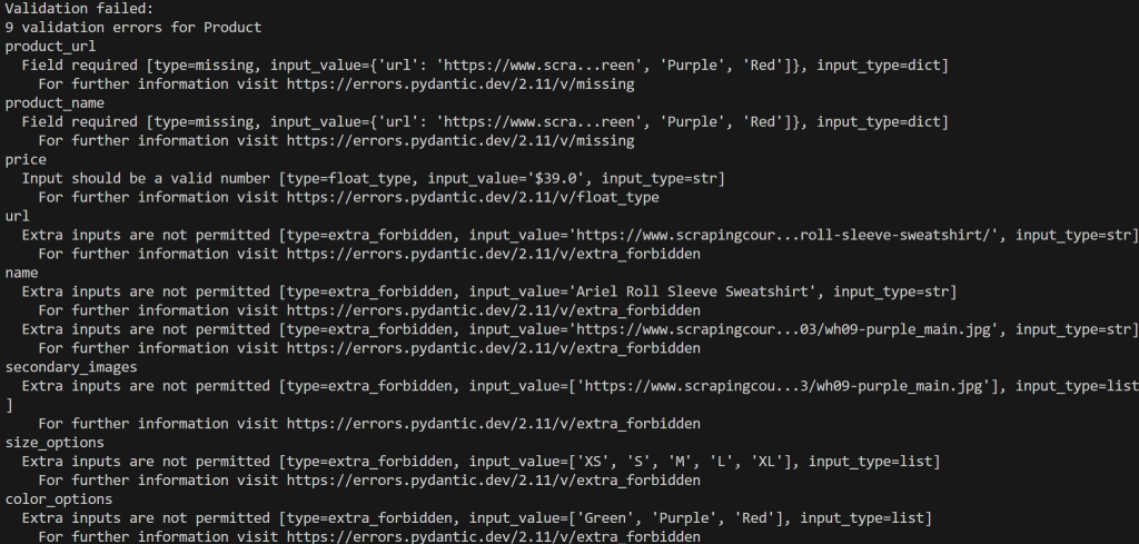All the validation errors detected by Pydantic