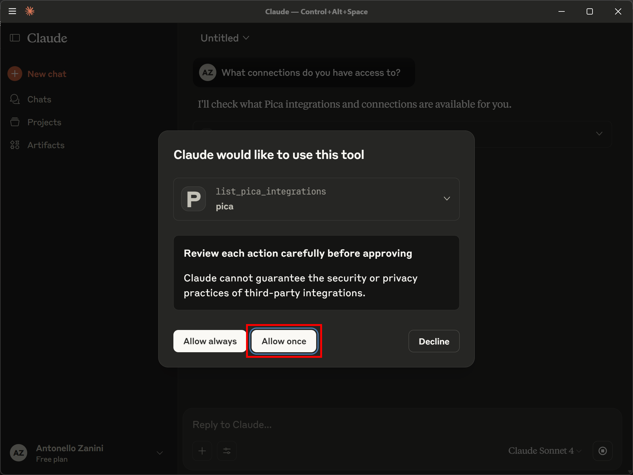 Clicking the “Allow once” button to enable the Pica tool execution
