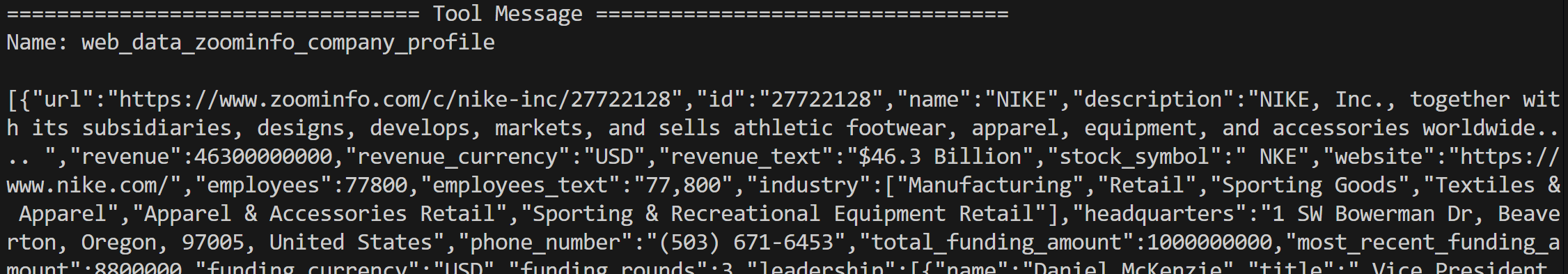 The tool output