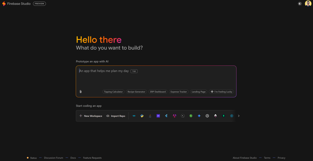 The Firebase Studio prompt-based app building page