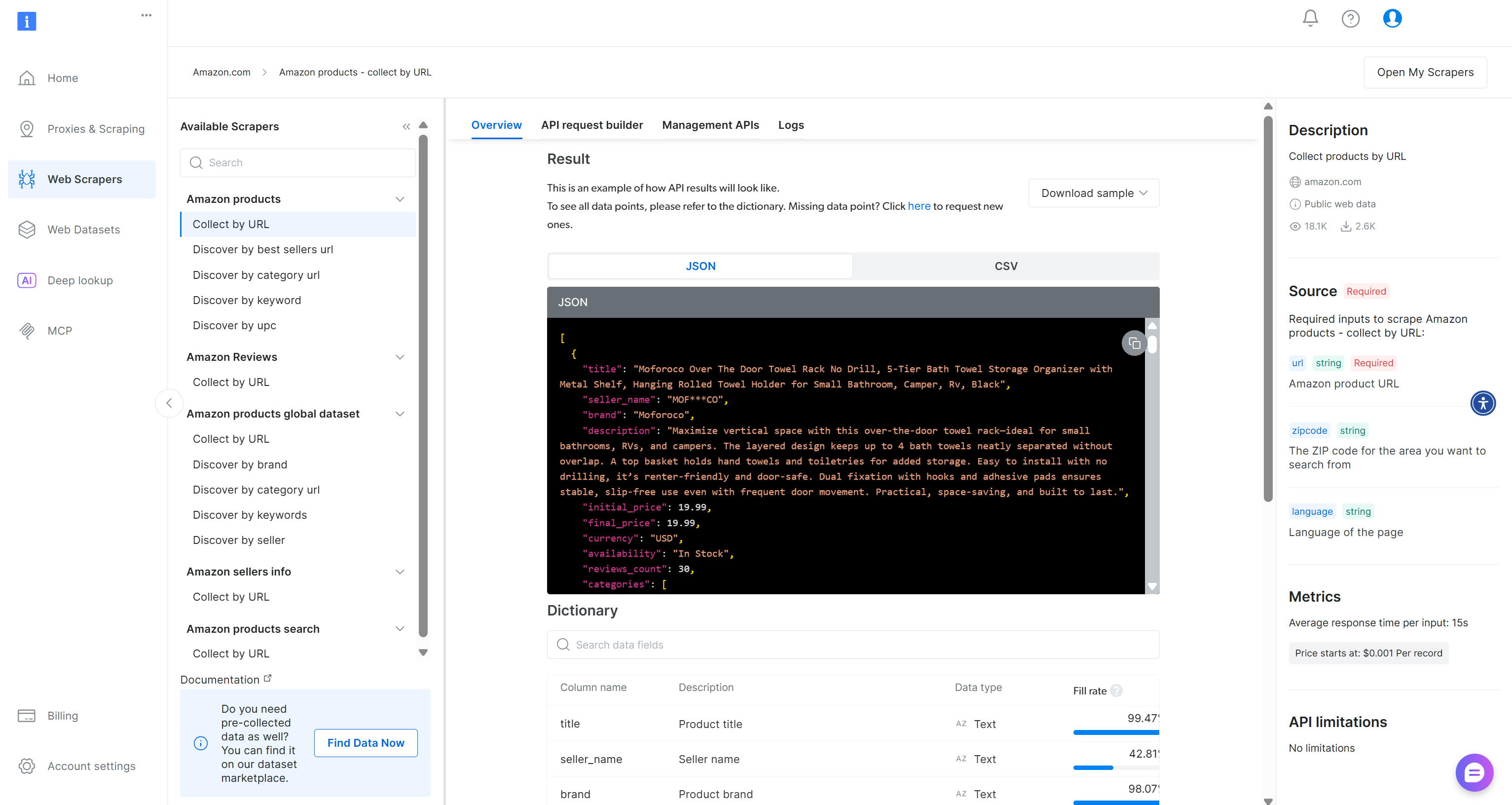 The “Overview” section for the selected Bright Data Web Scraper API