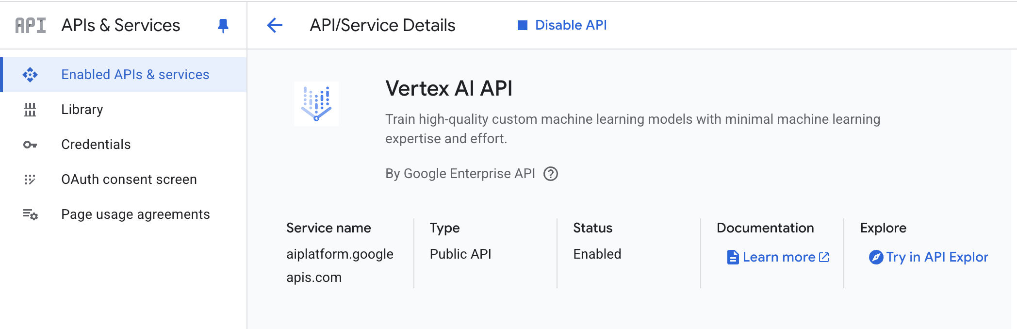 Enabling Vertex AI API in your Google Cloud project