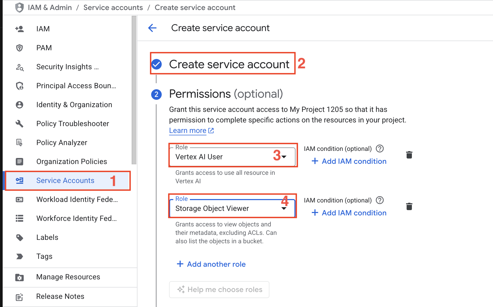 Creatuing a service account with Vertex AI User and Storage Object Viewer roles