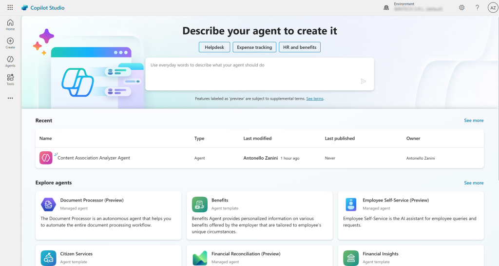 The Copilot Studio dashboard