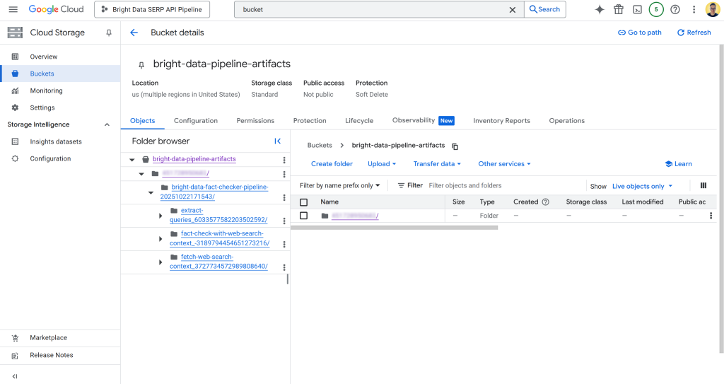 The folders associated with the pipeline run in the bucket