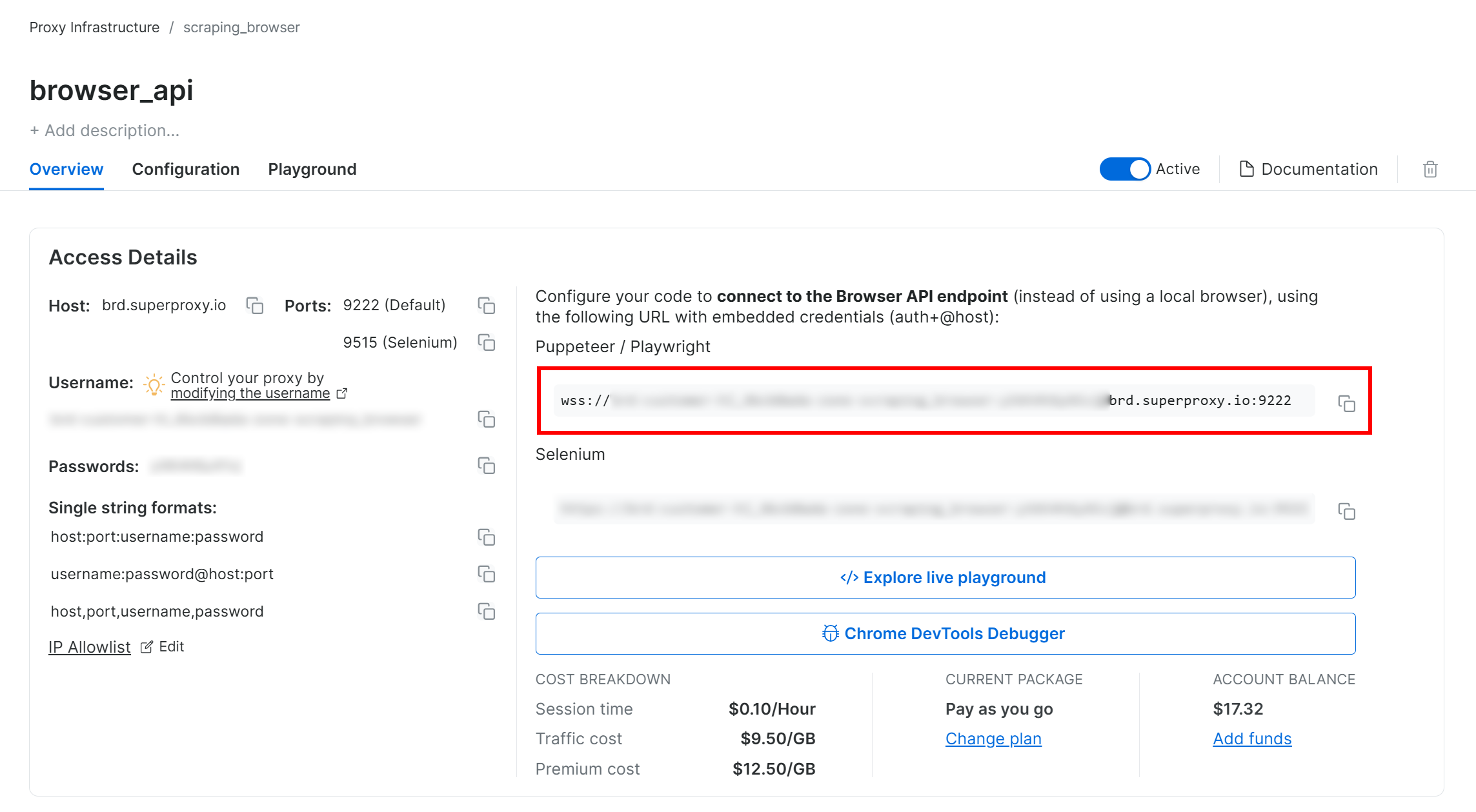 The Browser API product page in your Bright Data account