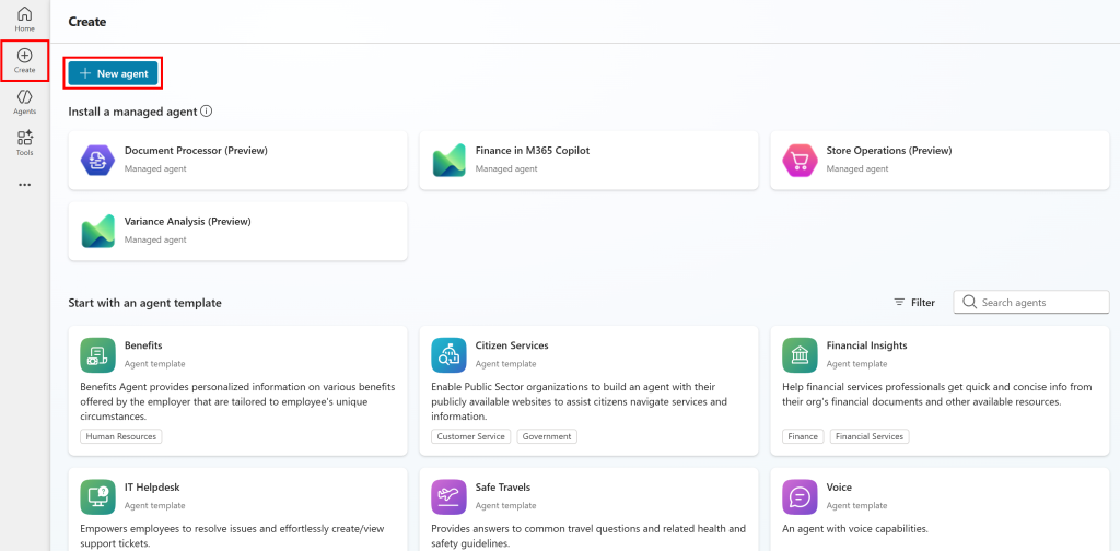 Pressing the “New Agent” button