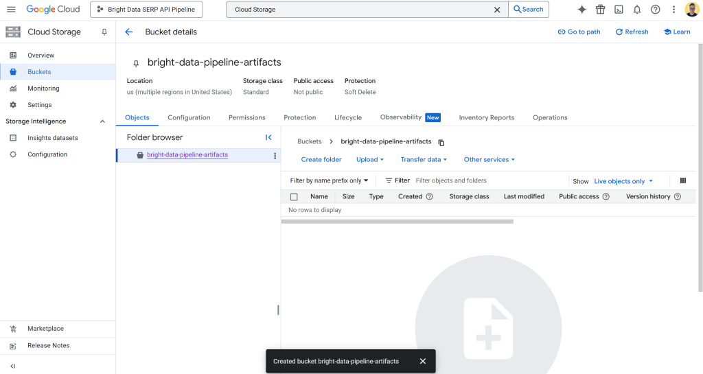 Your Google Cloud Storage bucket page