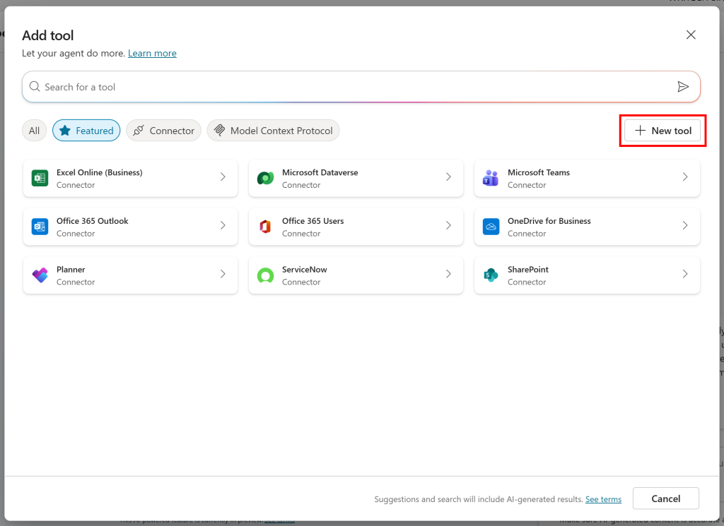 Clicking the “New tool” button on the top right corner of the modal