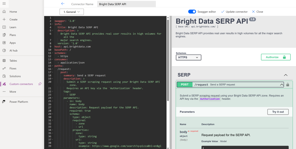 Defining the connector via a Swagger specification