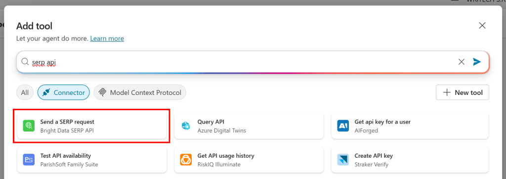 Select the “Send a SERP request” connector