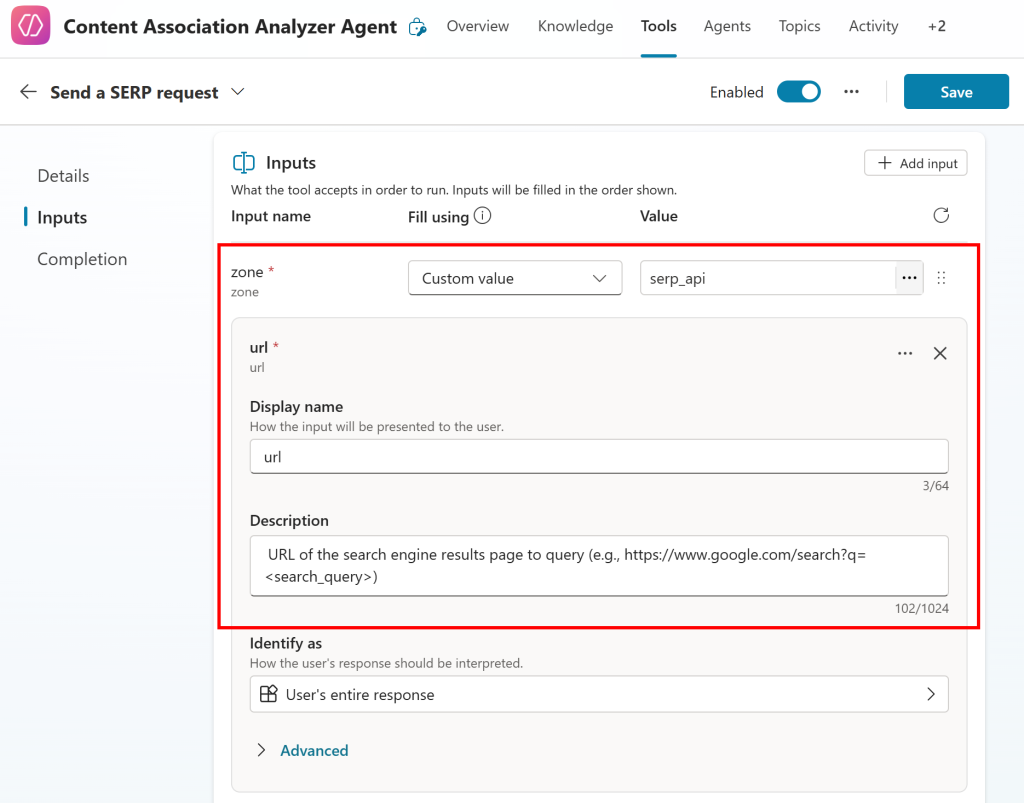 Configuring the inputs of the AI agent