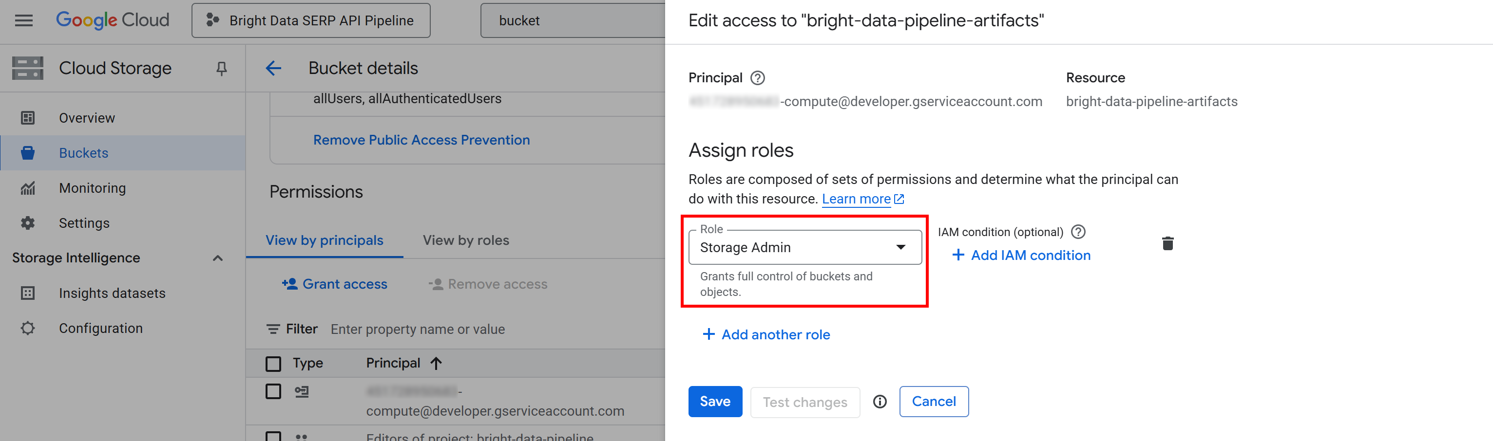 Giving the “Storage Admin” role to the Compute Engine service