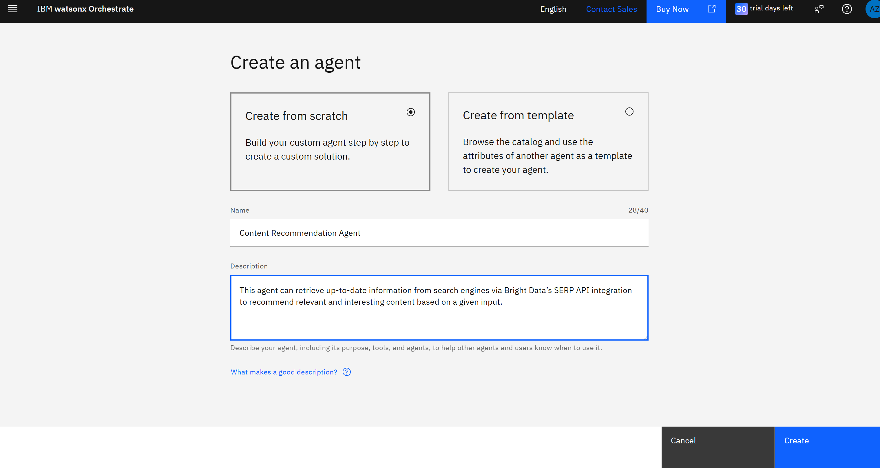 Filling out the “Create an agent” form