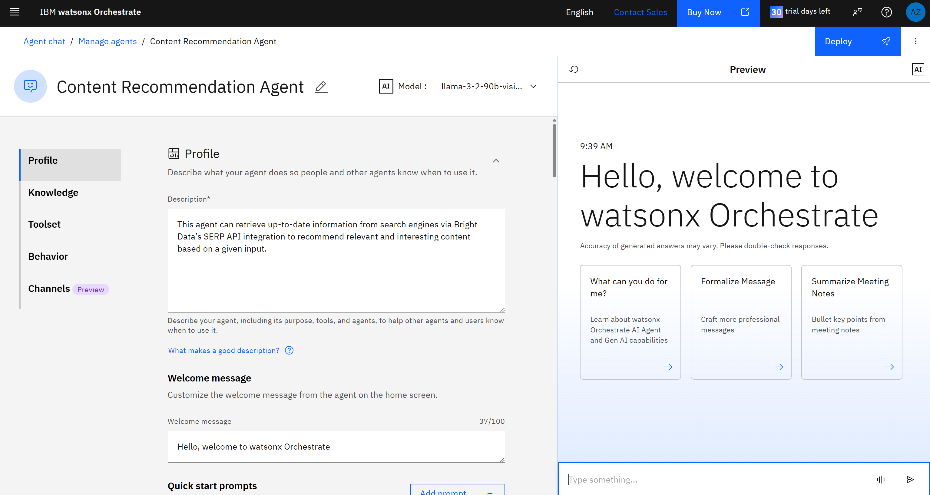 The “Content Recommendation Agent” page