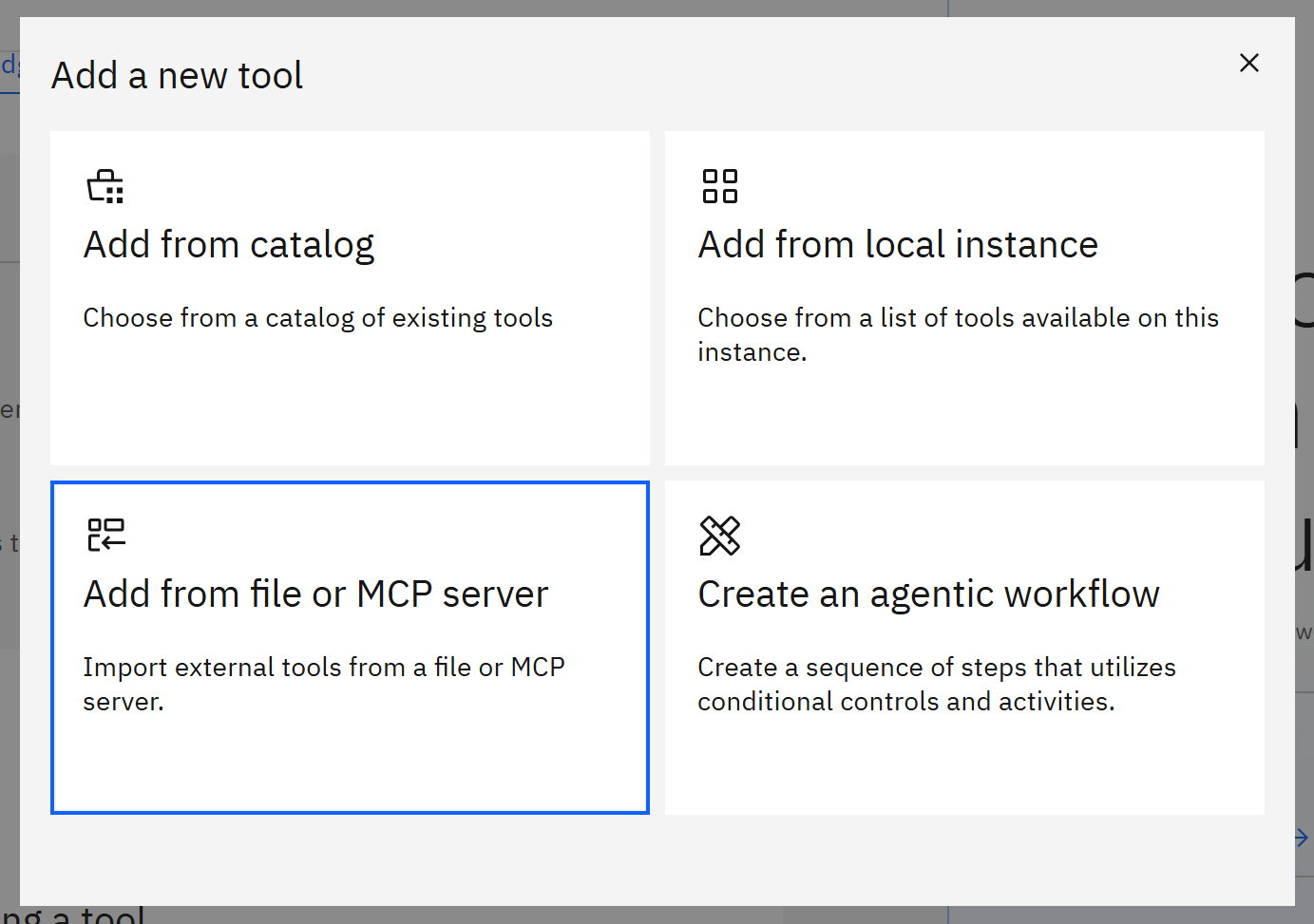 Selecting the “Add from file or MCP server” option