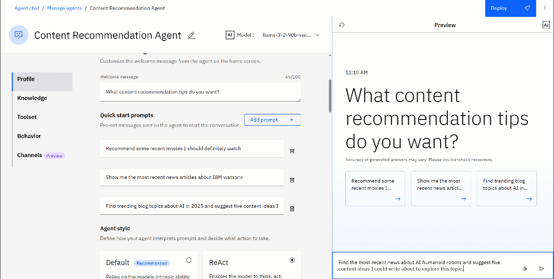 Running the prompt on the Content Recommendation Agent