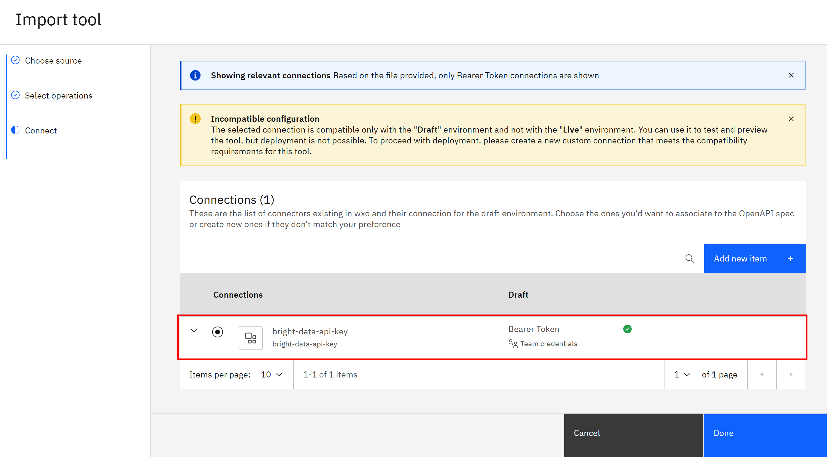 Selecting the “bright-data-api-key” connection