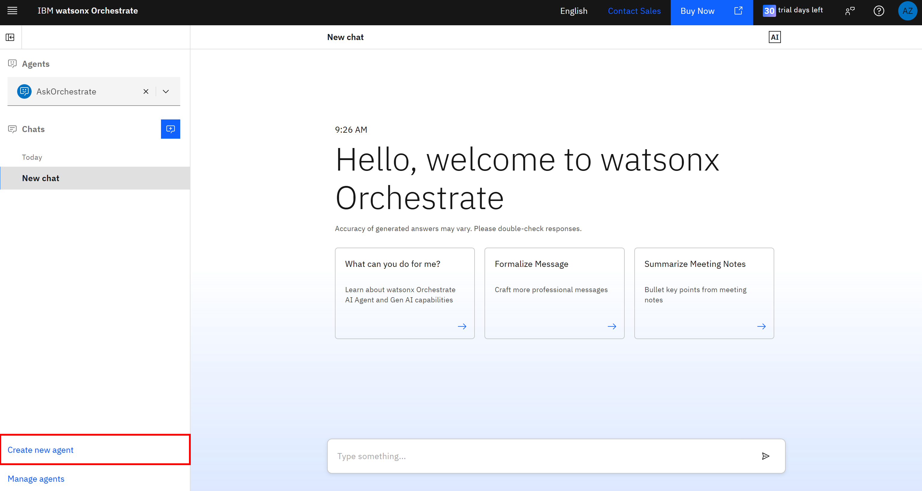 Pressing the “Create new agent” button in IBM watsonx Orchestrate