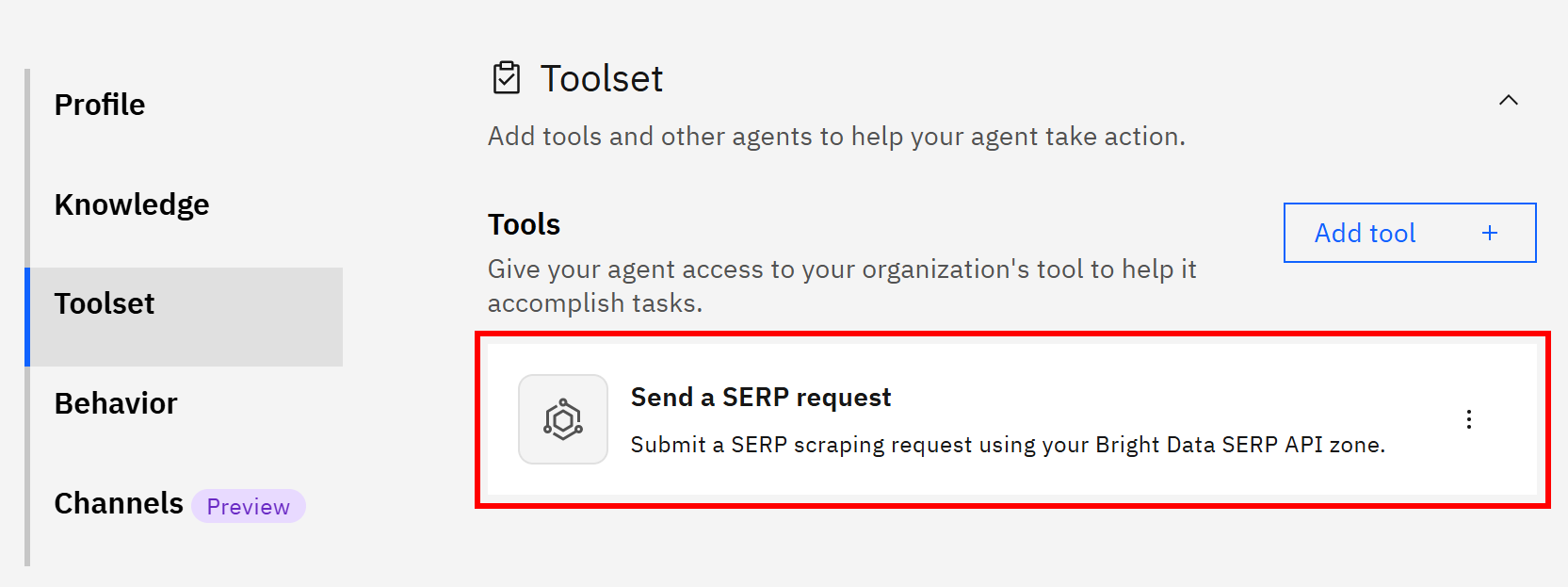 Note the “Send a SERP request” tool in the “Toolset” section