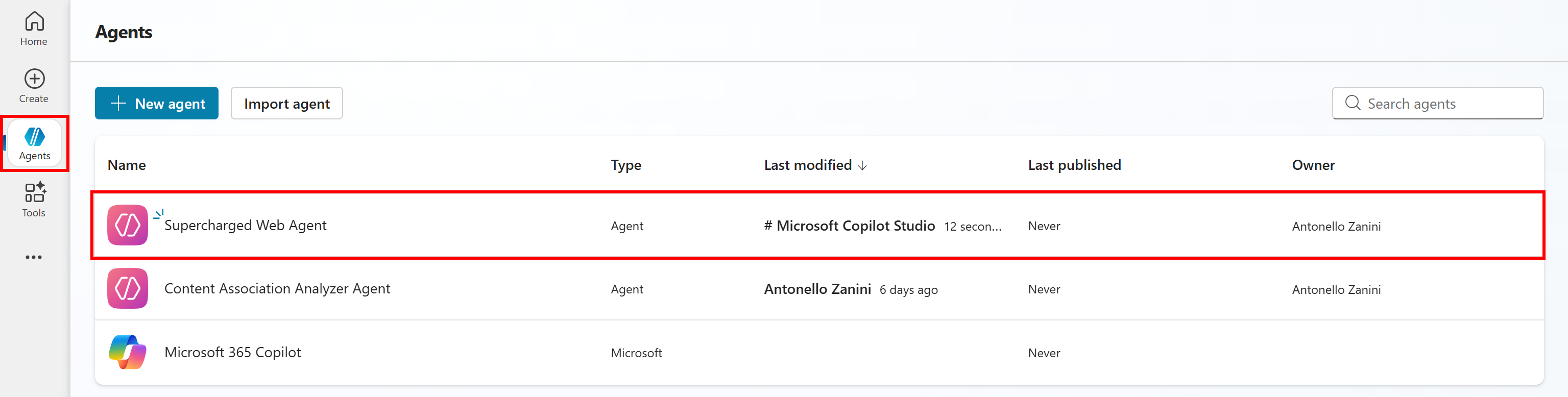 Note the “Supercharged Web Agent” we just created
