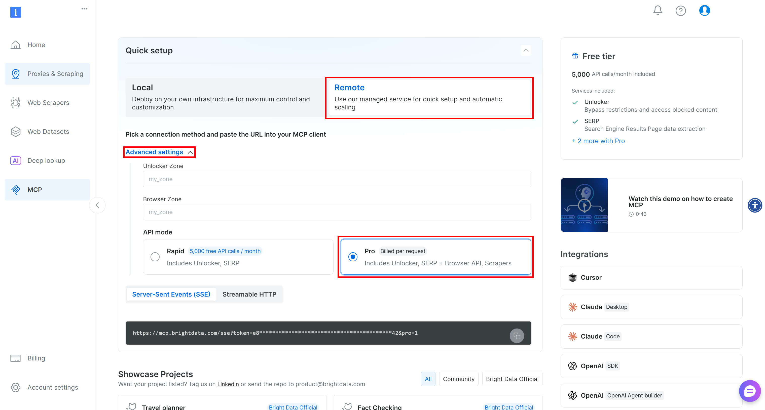 Configuring the “Pro” mode for the Web MCP remote connection