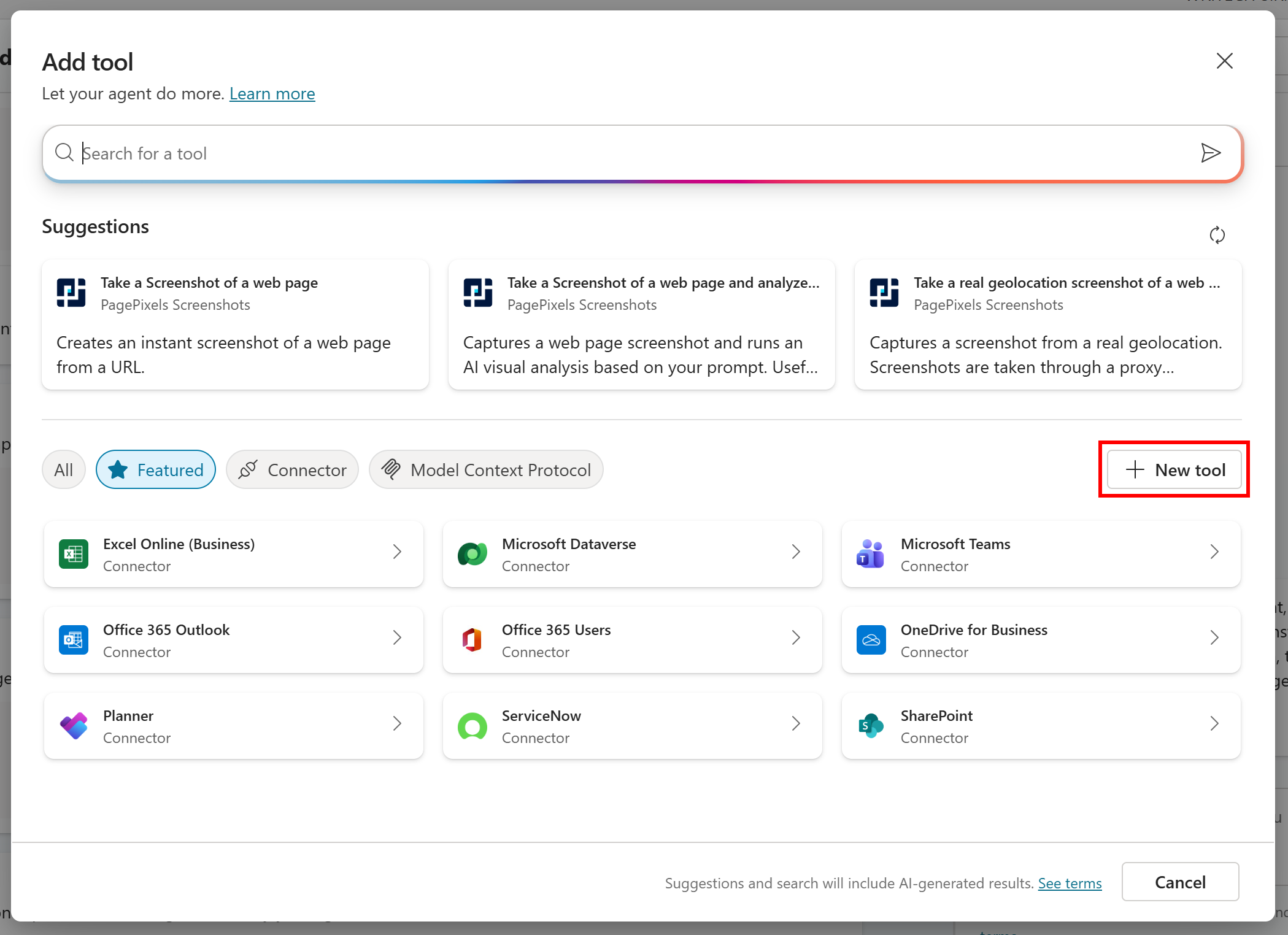 Clicking the “New tool” button on the top right corner of the modal