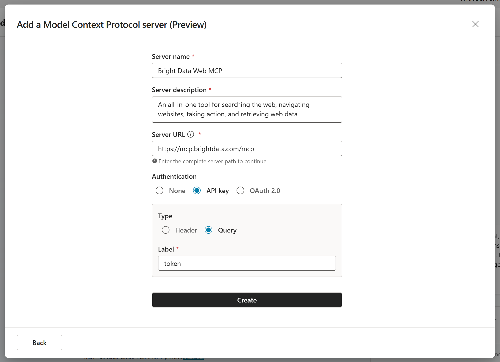 Filling out the “Add a Model Context Protocol server” form