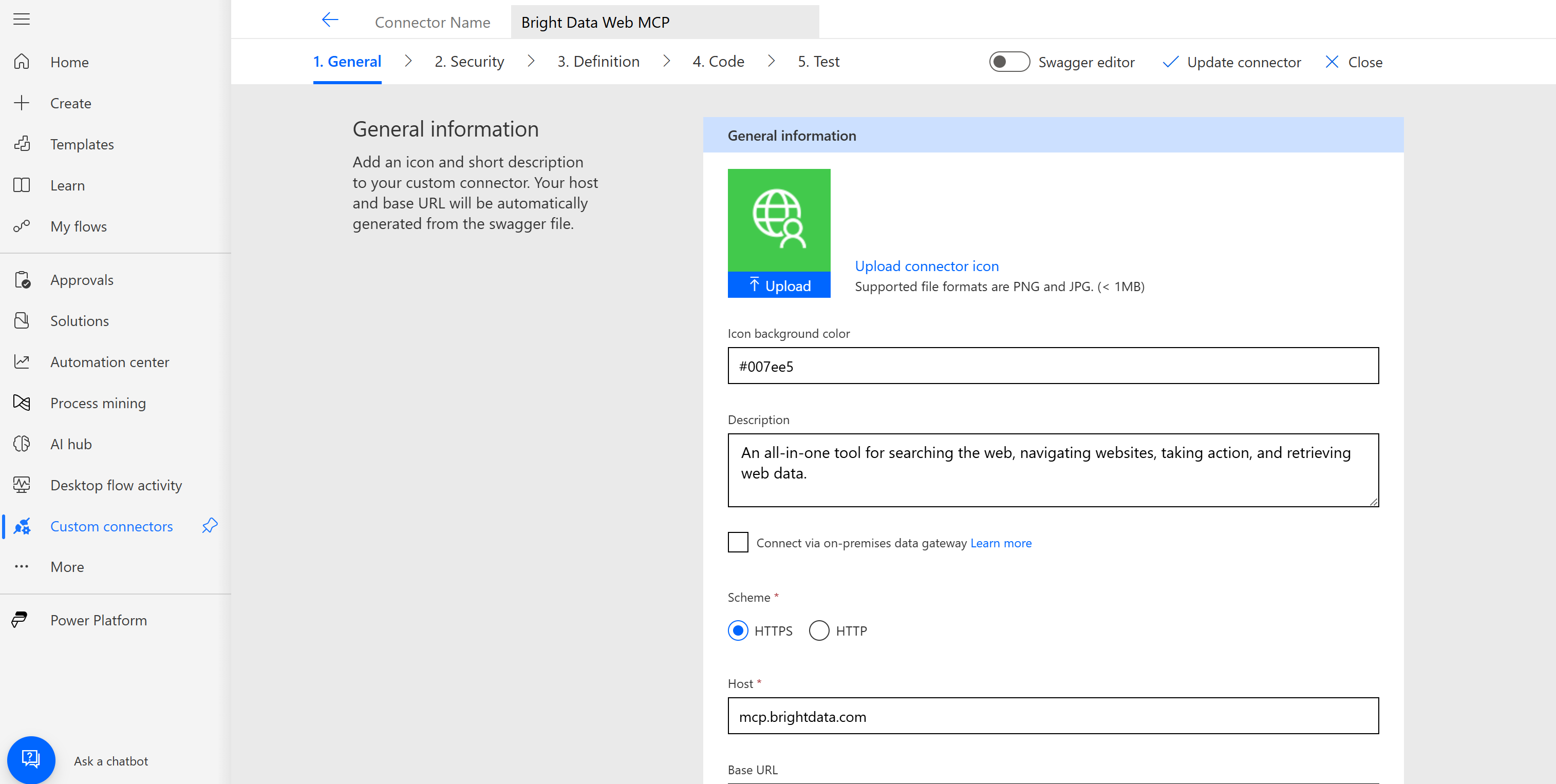 The “Bright Data Web MCP” connector edit page in Microsoft Power Apps: