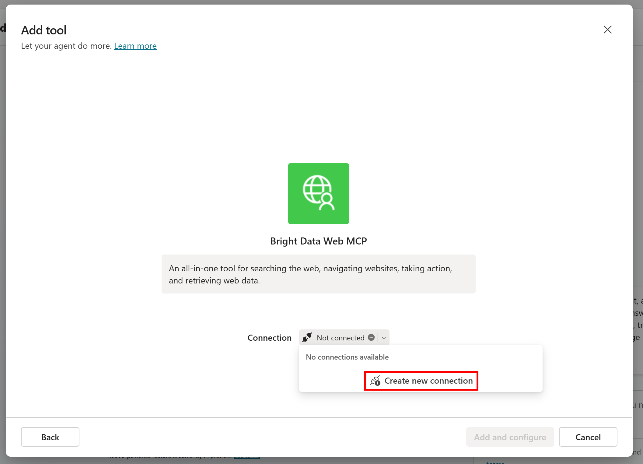 Pressing the “Create new connection” link