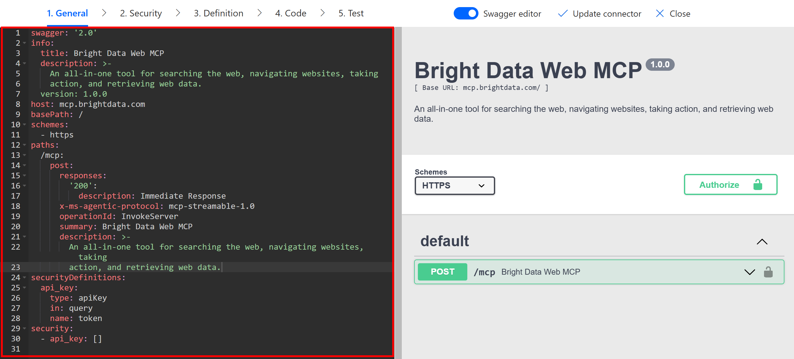 Note the Swagger definition for the tool's connector