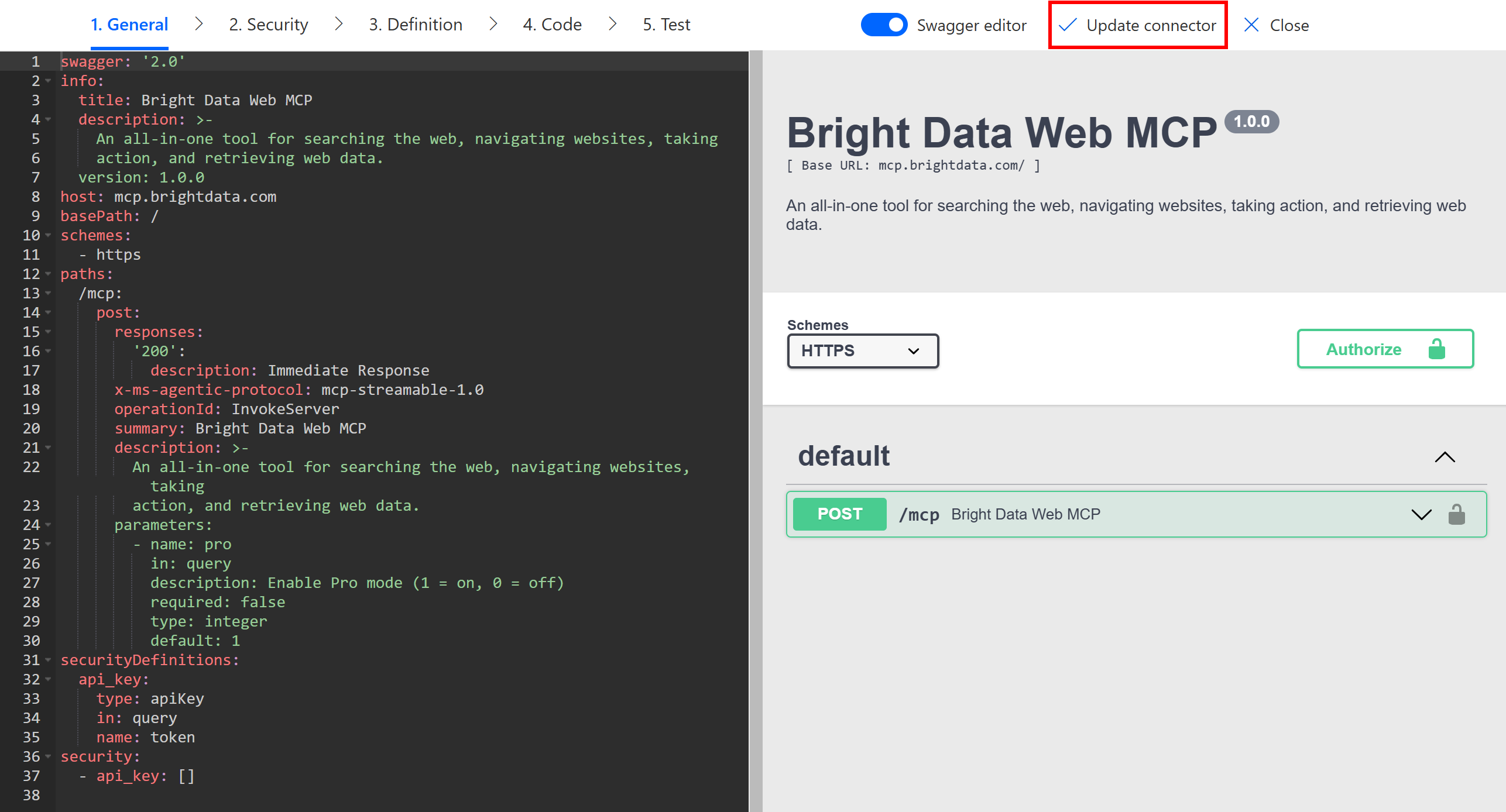 Pressing the “Update connector” button