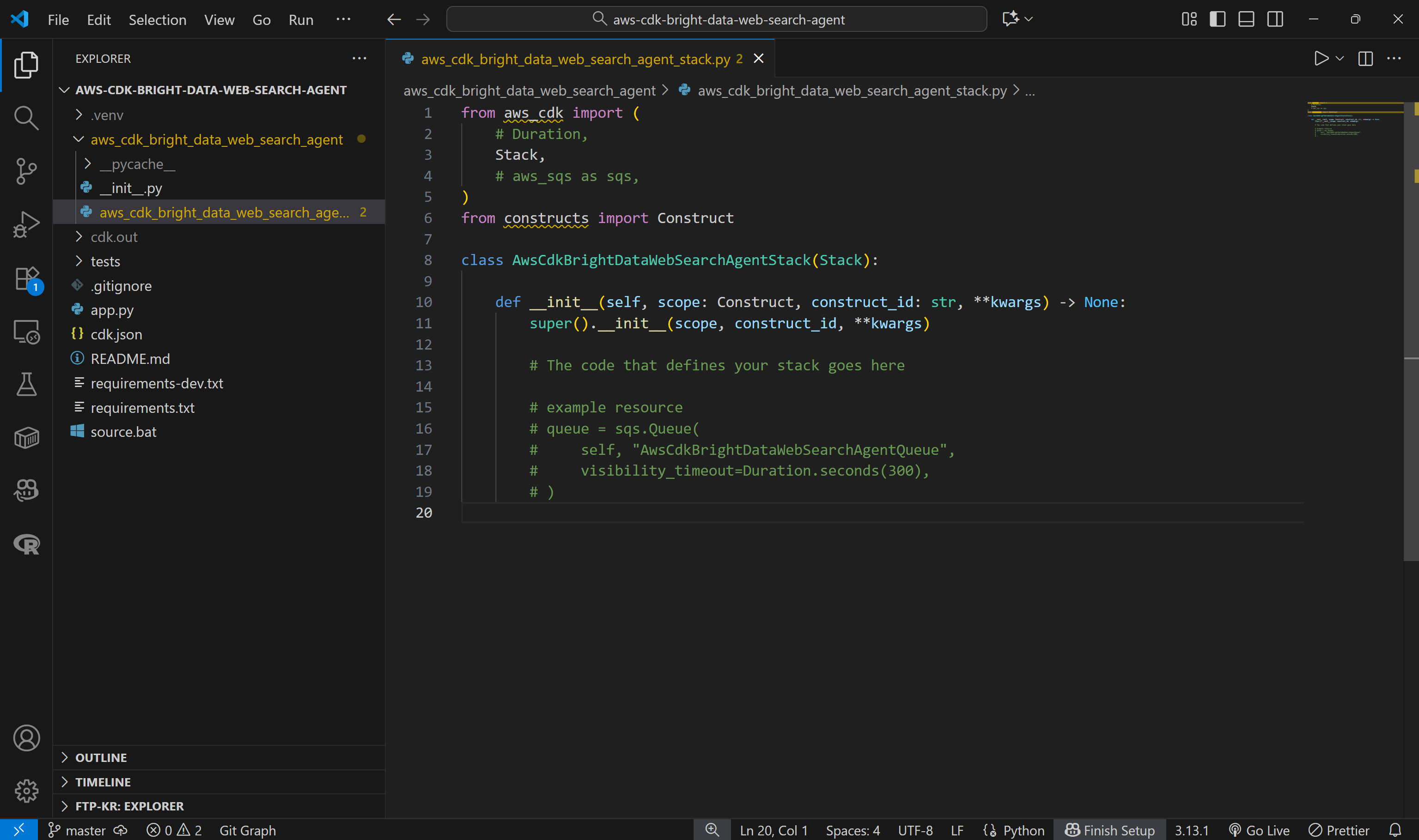 The CDK stack script in Visual Studio Code