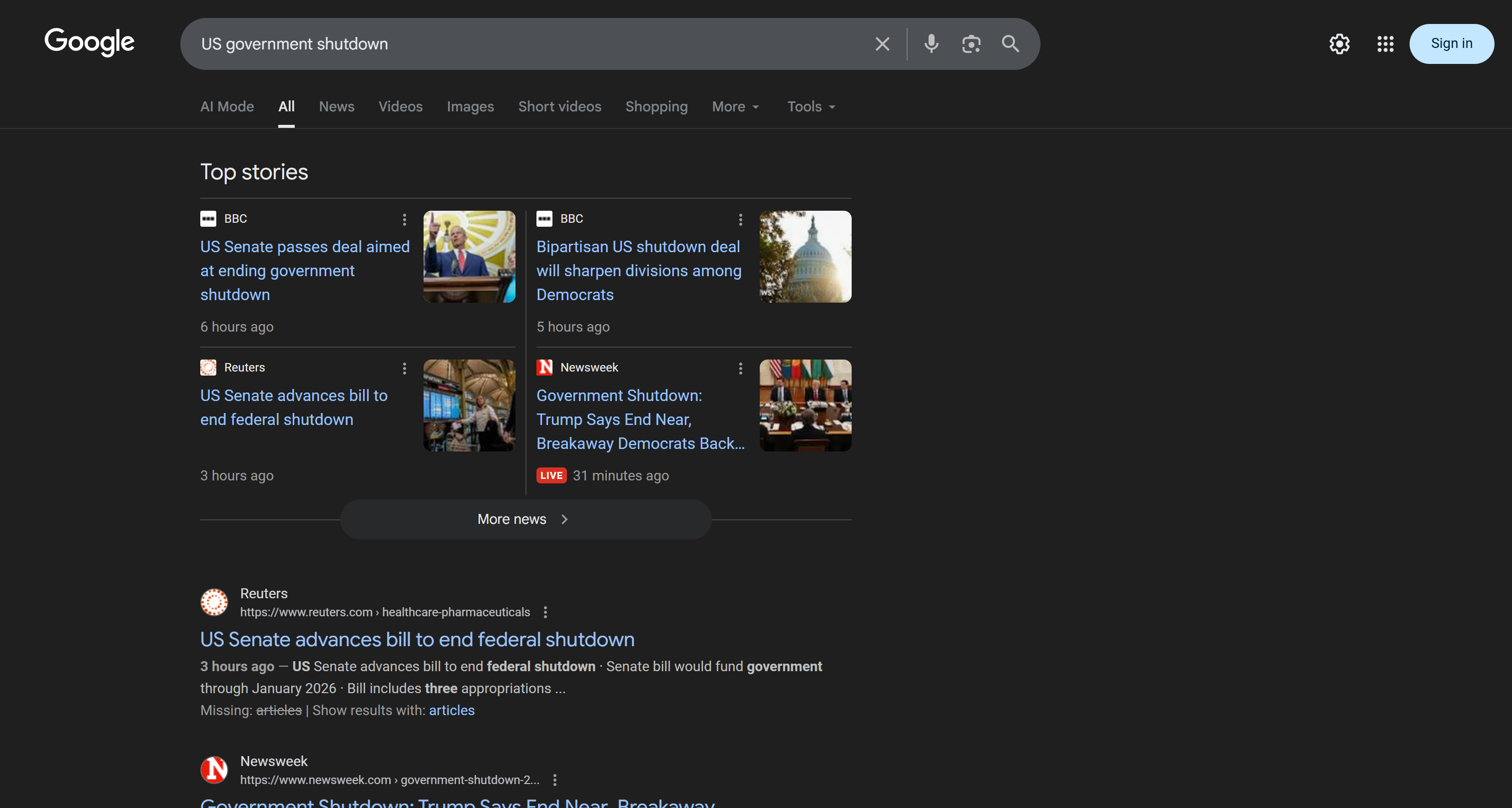 The SERP for the “US government shutdown” search query