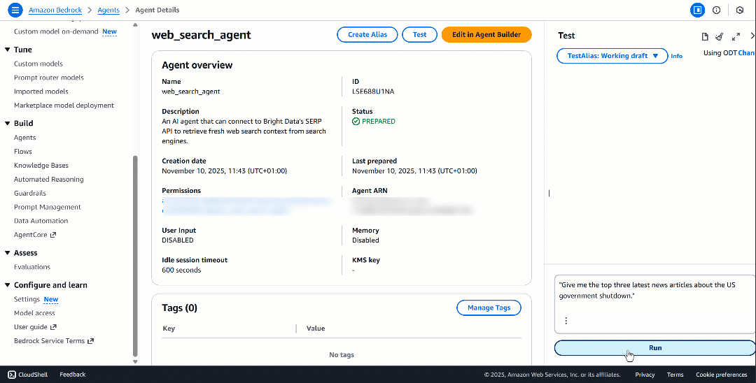 Running the prompt in the AWS Amazon Bedrock console