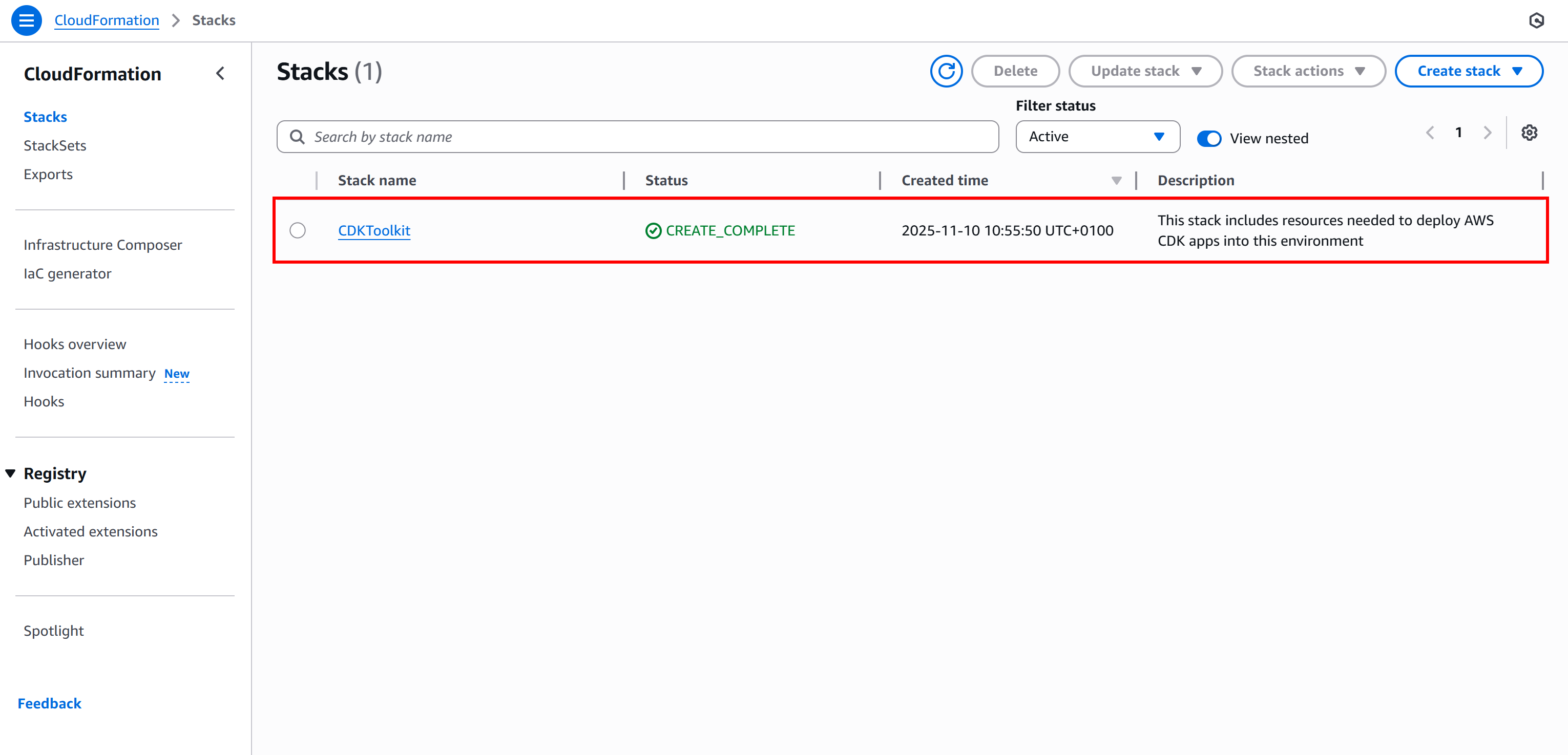 Note the “CDKToolkit” stack in CloudFormation