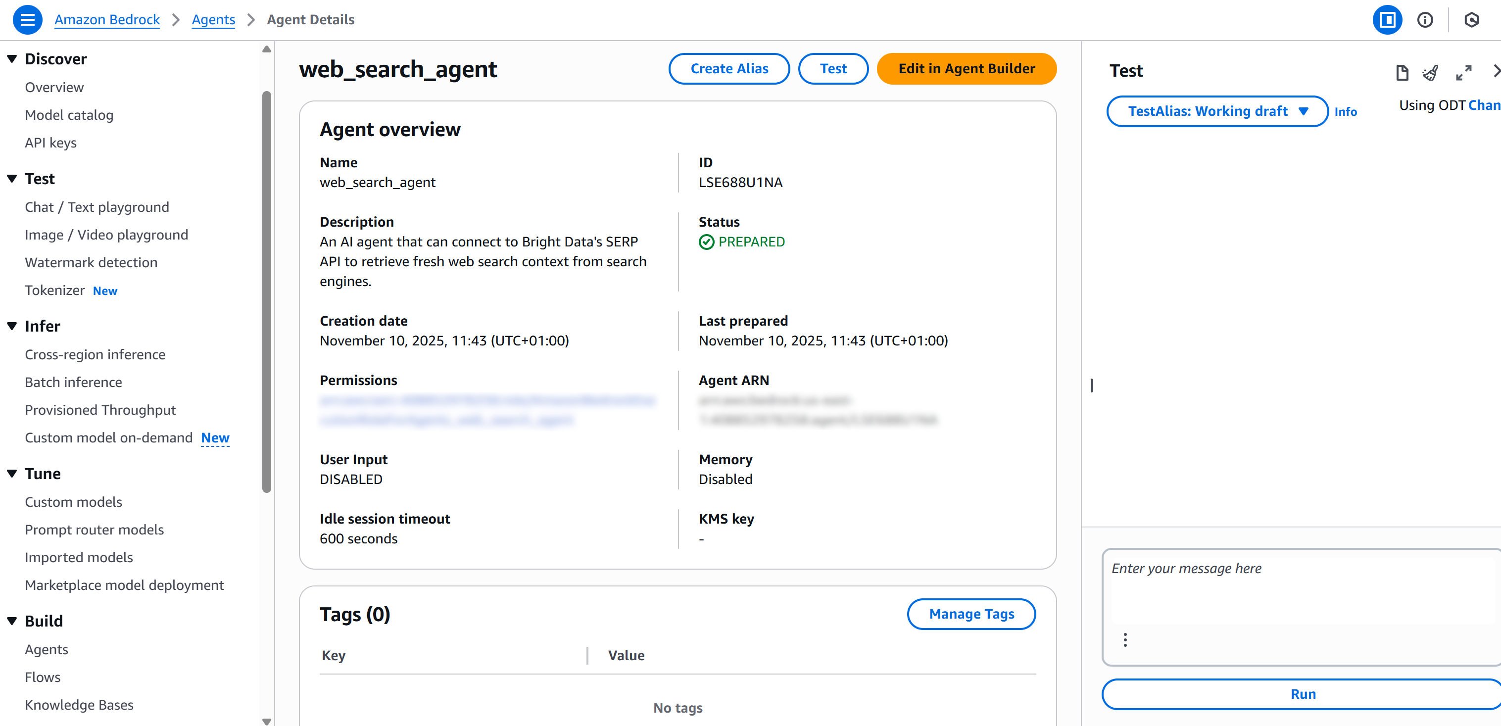 The details page for the “web_search_agent”
