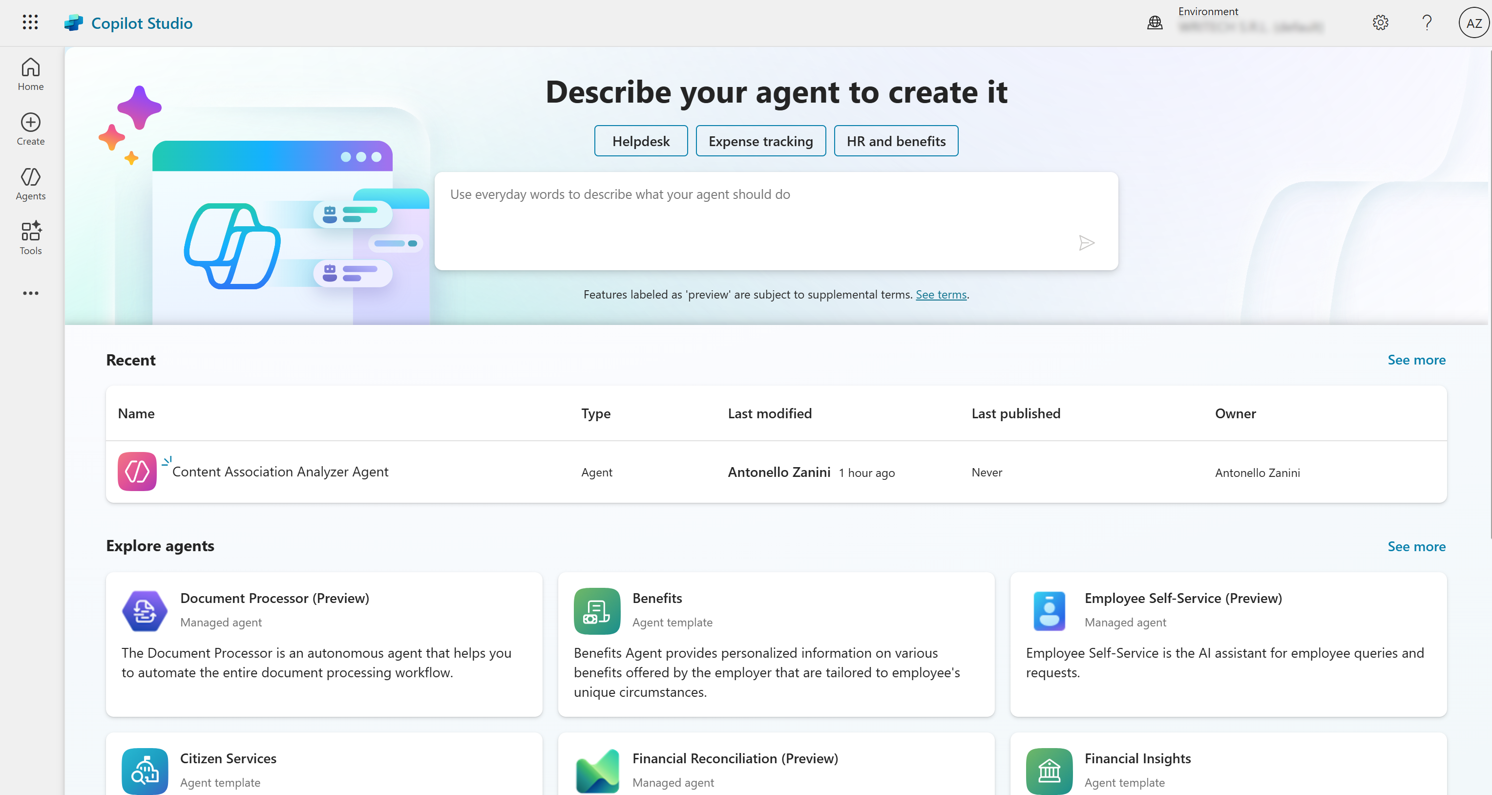 The Copilot Studio dashboard