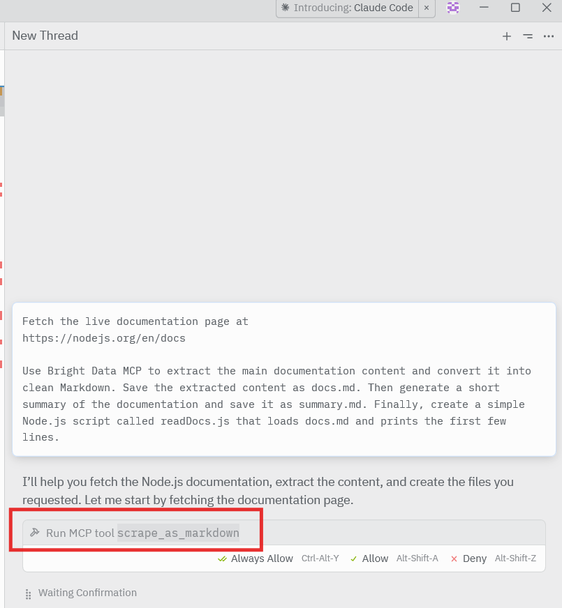 Zed AI agent prompt requesting live documentation data using Bright Data MCP.